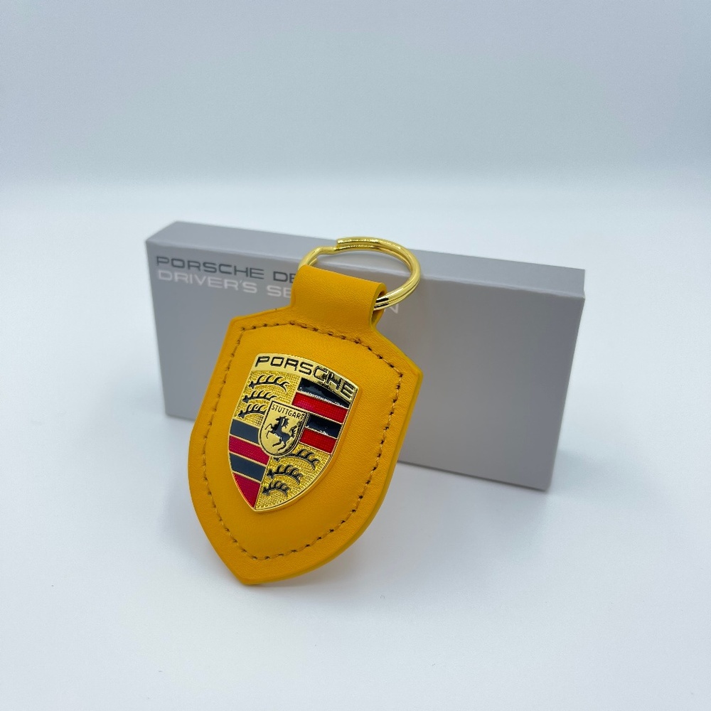 PORSCHE Yellow leather KeyFob Keyring Keychain new with box